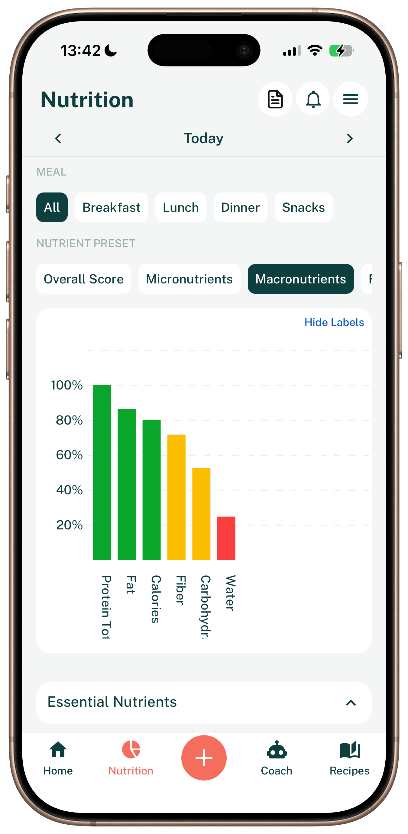 Nutrition screen with a color-coded nutrient chart