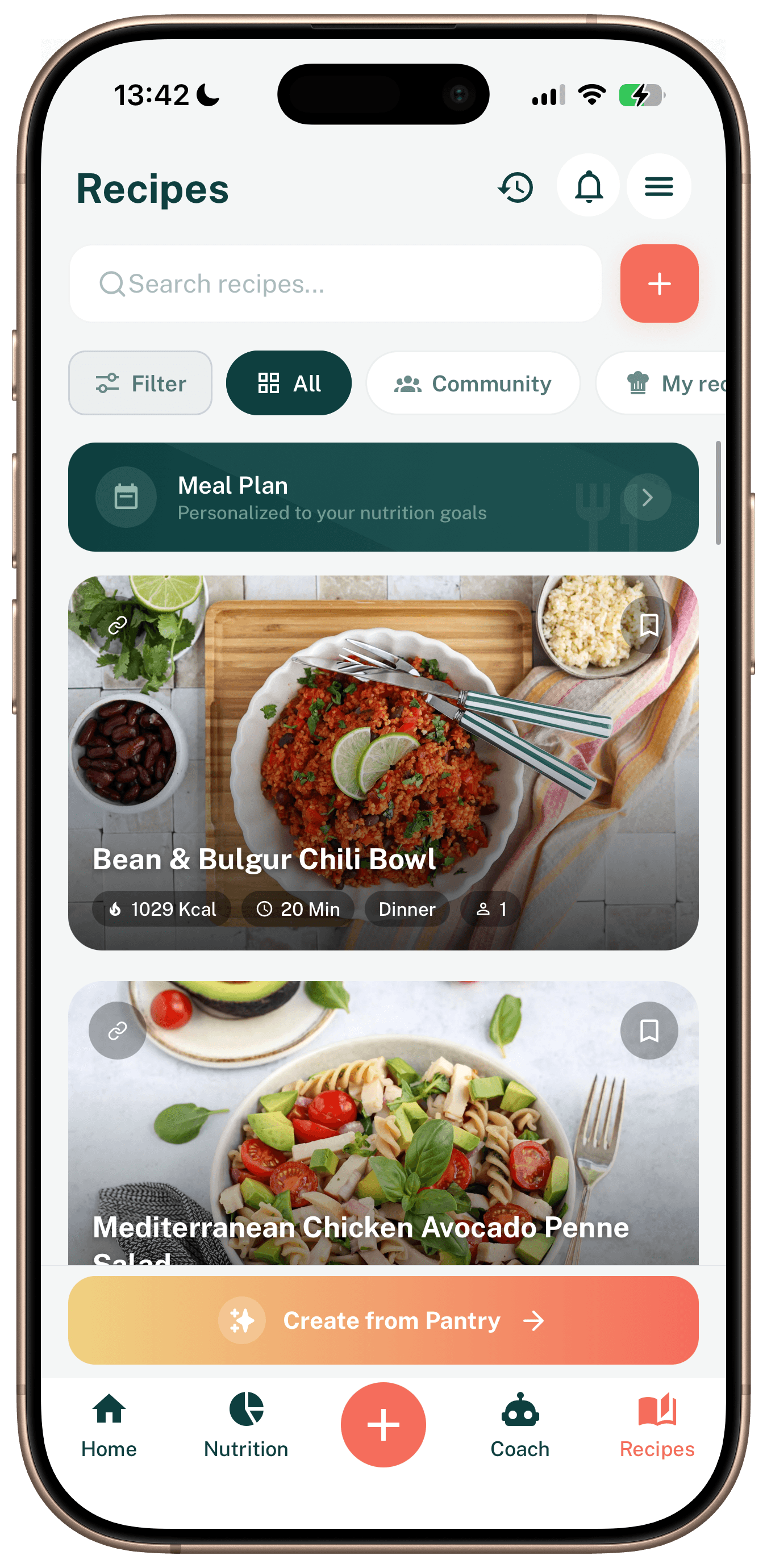 Recipes screen with meals picked for your nutrition goals